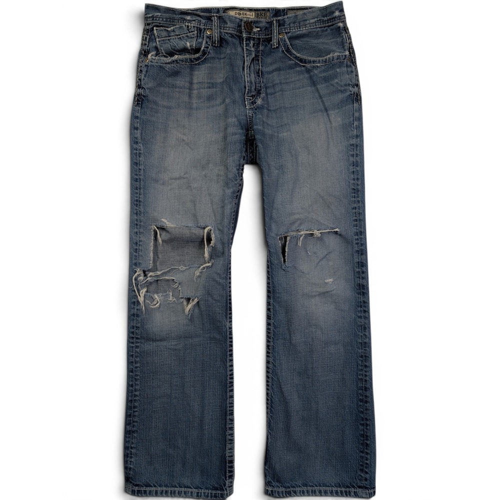BKE Mens Derek Jeans 32R Relaxed Straight Distressed Blue Denim